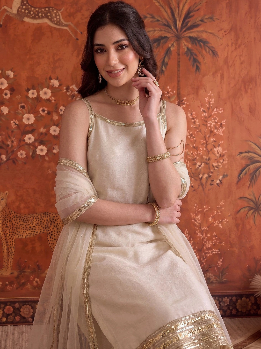 Silk Blend Round Neck Kurta & Churidar With Dupatta