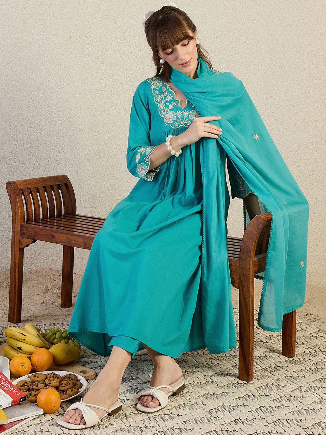 Women Embroidered Beads & Stones Pure Cotton Kurta with Trousers & Dupatta