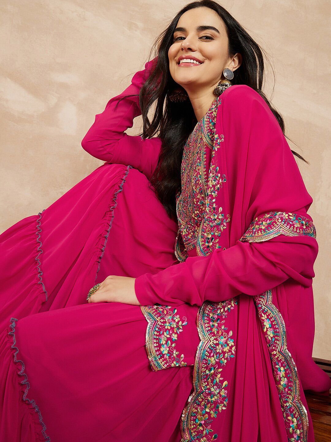 Dhiyona IN Pink & Gold Toned Yoke Design Embroidered Straight Kurta With Sharara & Dupatta
