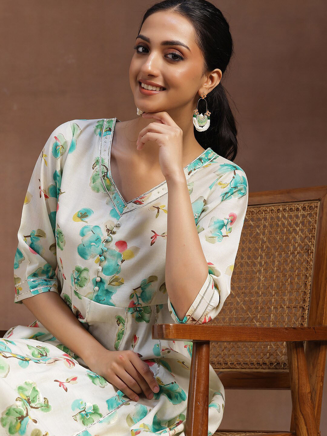 Womens Off White Printed Anarkali Kurta With Trousers