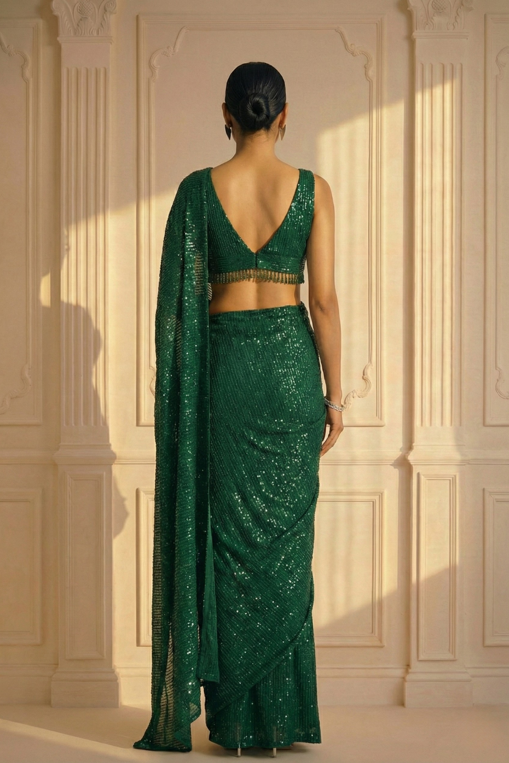 Dhiyona ST Emerald Green Knitted Sequin Saree with Blouse Fabric