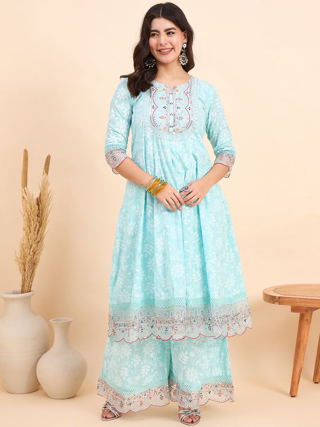 Dhiyona AN Floral Printed Notch Neck Pure Cotton Kurta With Sharara & Dupatta