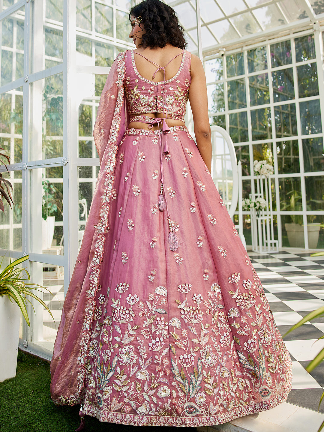 Pink colour Tissue Fabric with Sequinse & Thread embroidery Lehenga choli & Dupatta