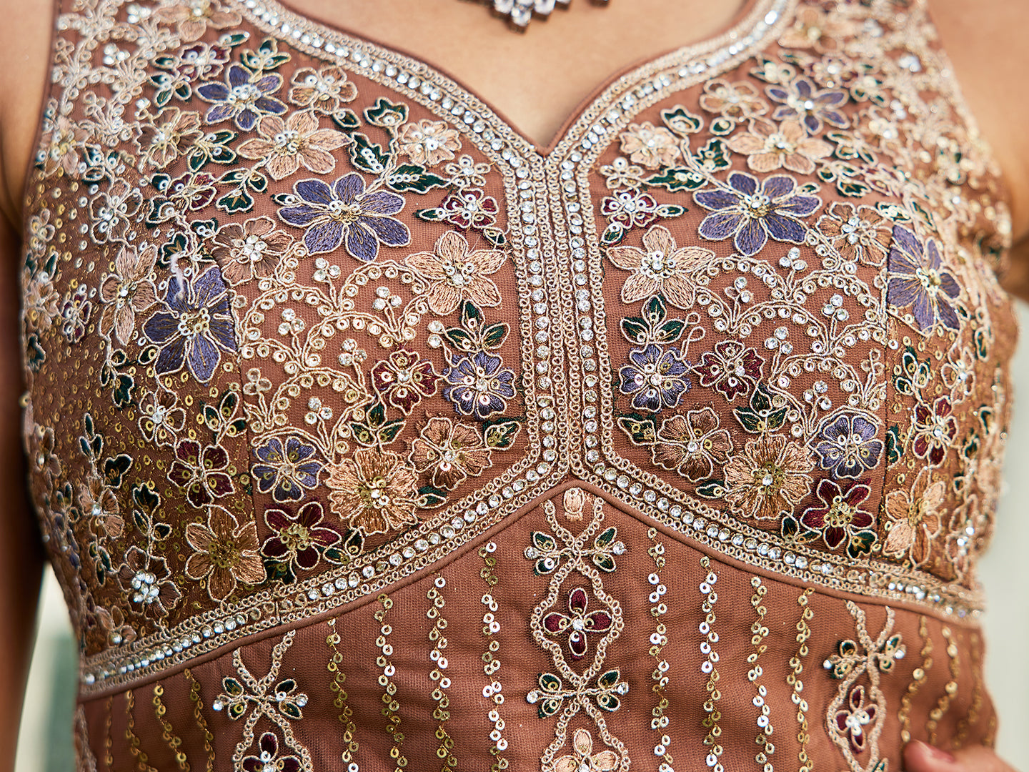 Brown net with Beads & Zarkan embroidery Lehenga choli & Dupatta