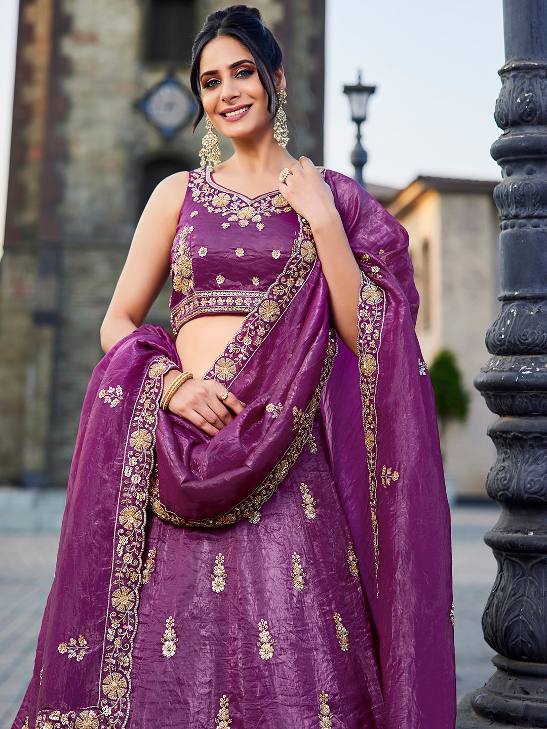 Women's Burgundy Tissue Handwork cutdana embroidery Lehenga choli & Dupatta