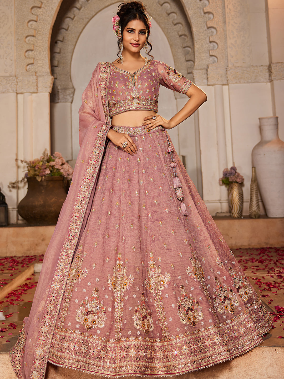Women's Pink colour Tissue Sequinse embroidery Lehenga choli & Dupatta