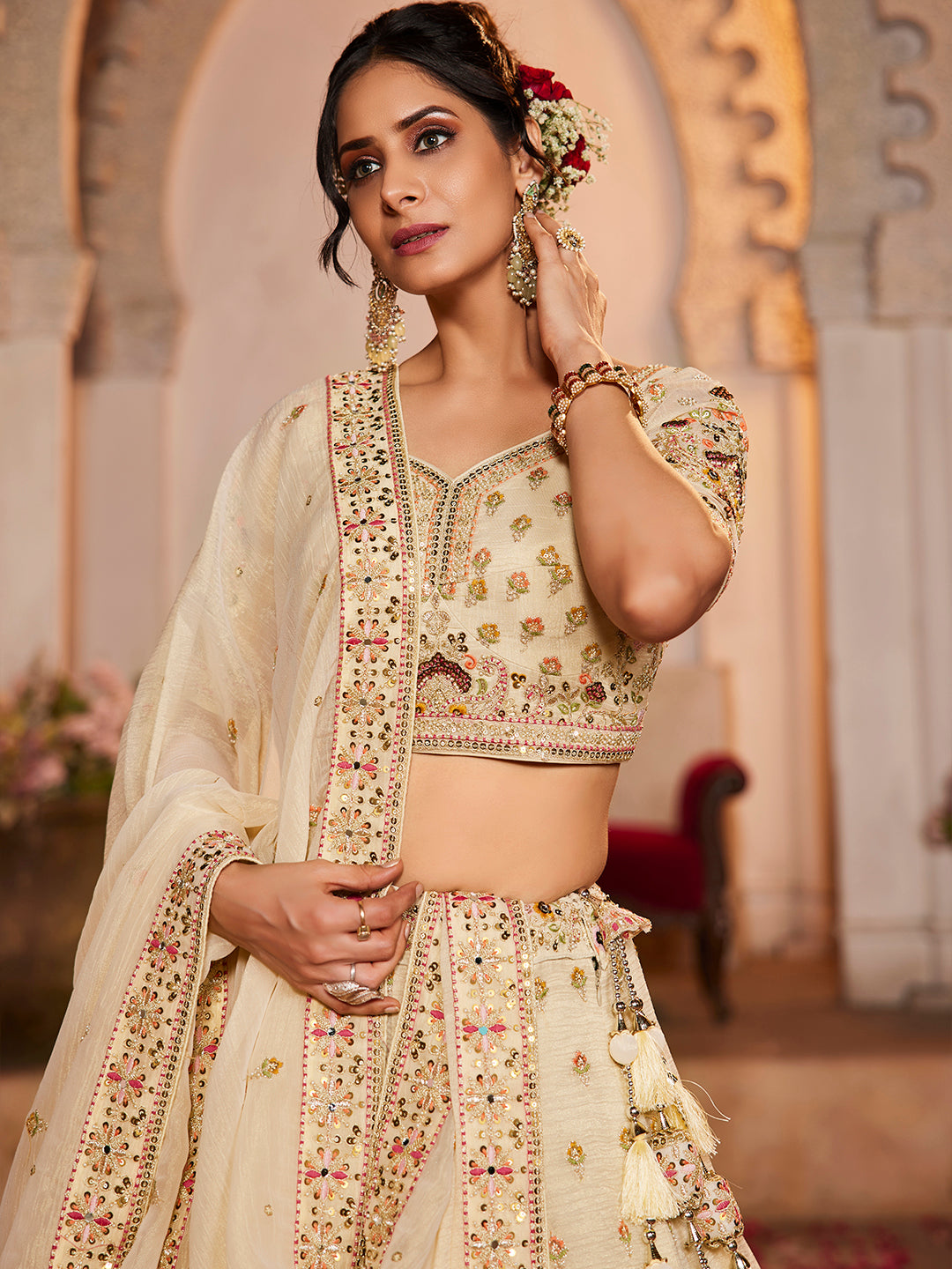 Women's Cream colour Tissue Sequinse embroidery Lehenga choli & Dupatta