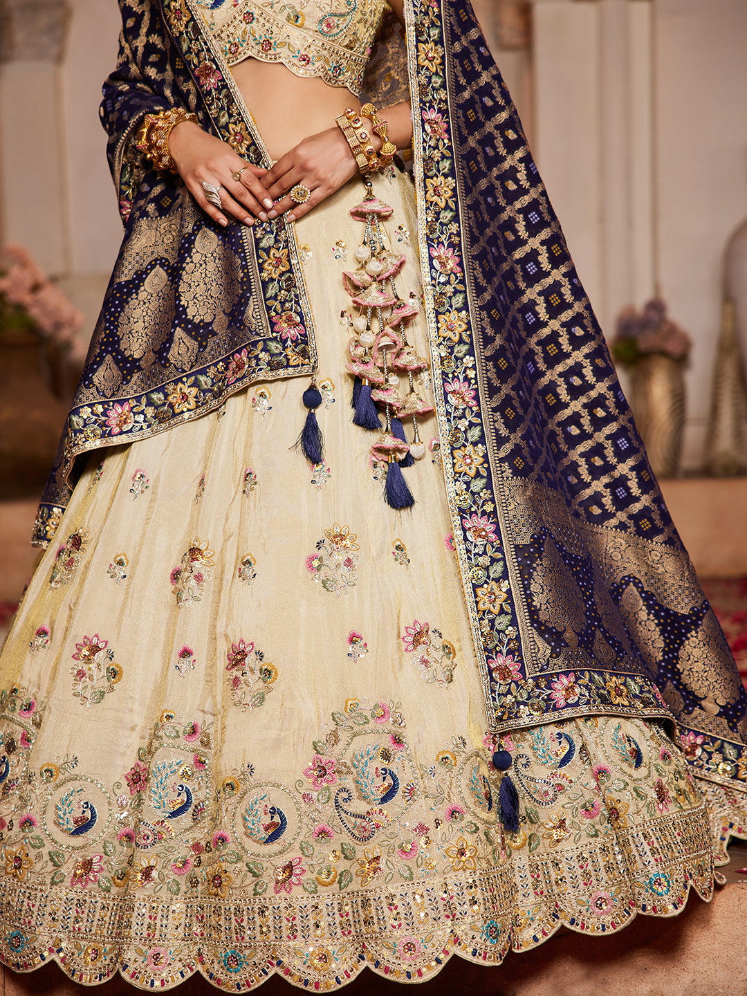 Women's Cream colour Tissue Sequinse embroidery Lehenga choli & Dupatta