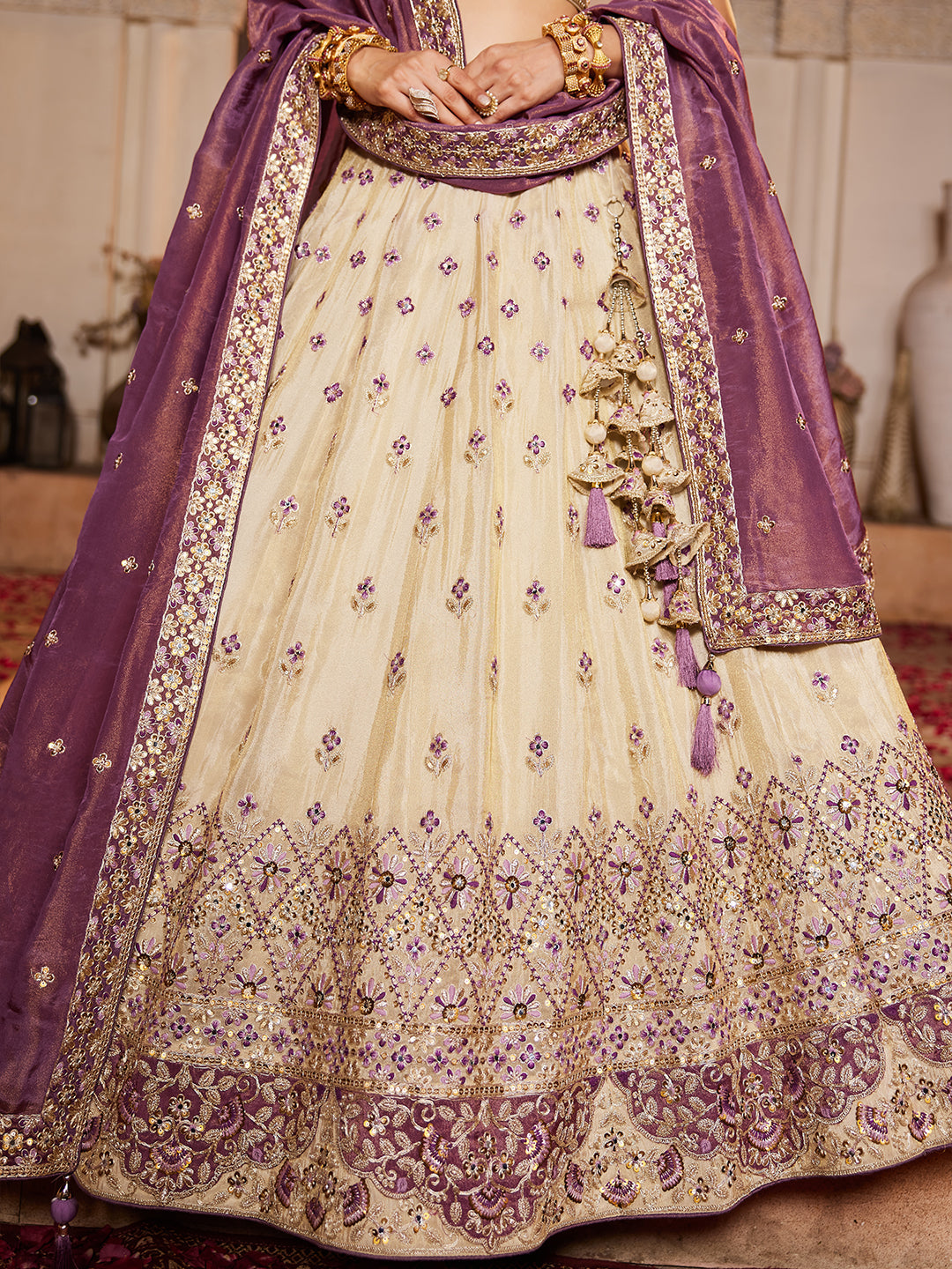 Women's Cream colour Tissue Sequinse embroidery Lehenga choli & Dupatta