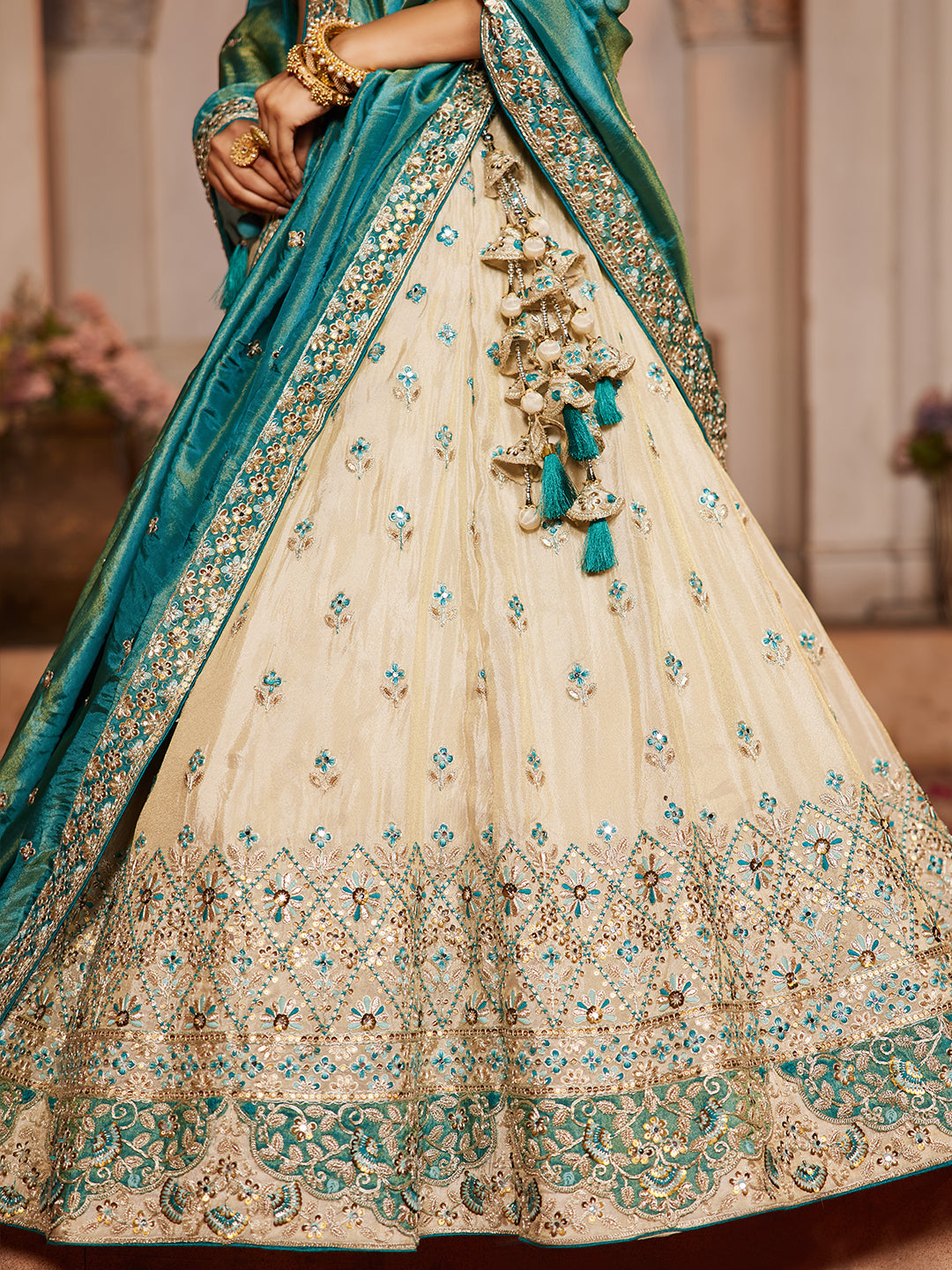 Women's Cream colour Tissue Sequinse embroidery Lehenga choli & Dupatta