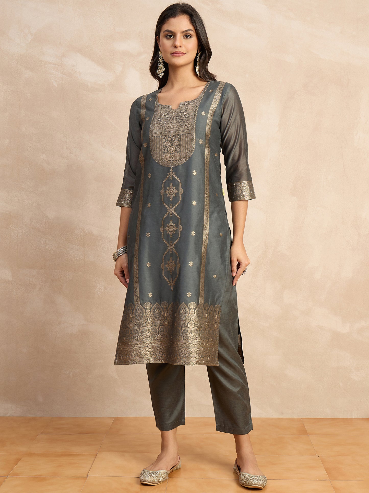 Dhiyona VV Paneri Grey Women's Silk Blend Banarasi Jacquard Zari Woven Straight Kurta Pant with Dupatta Set