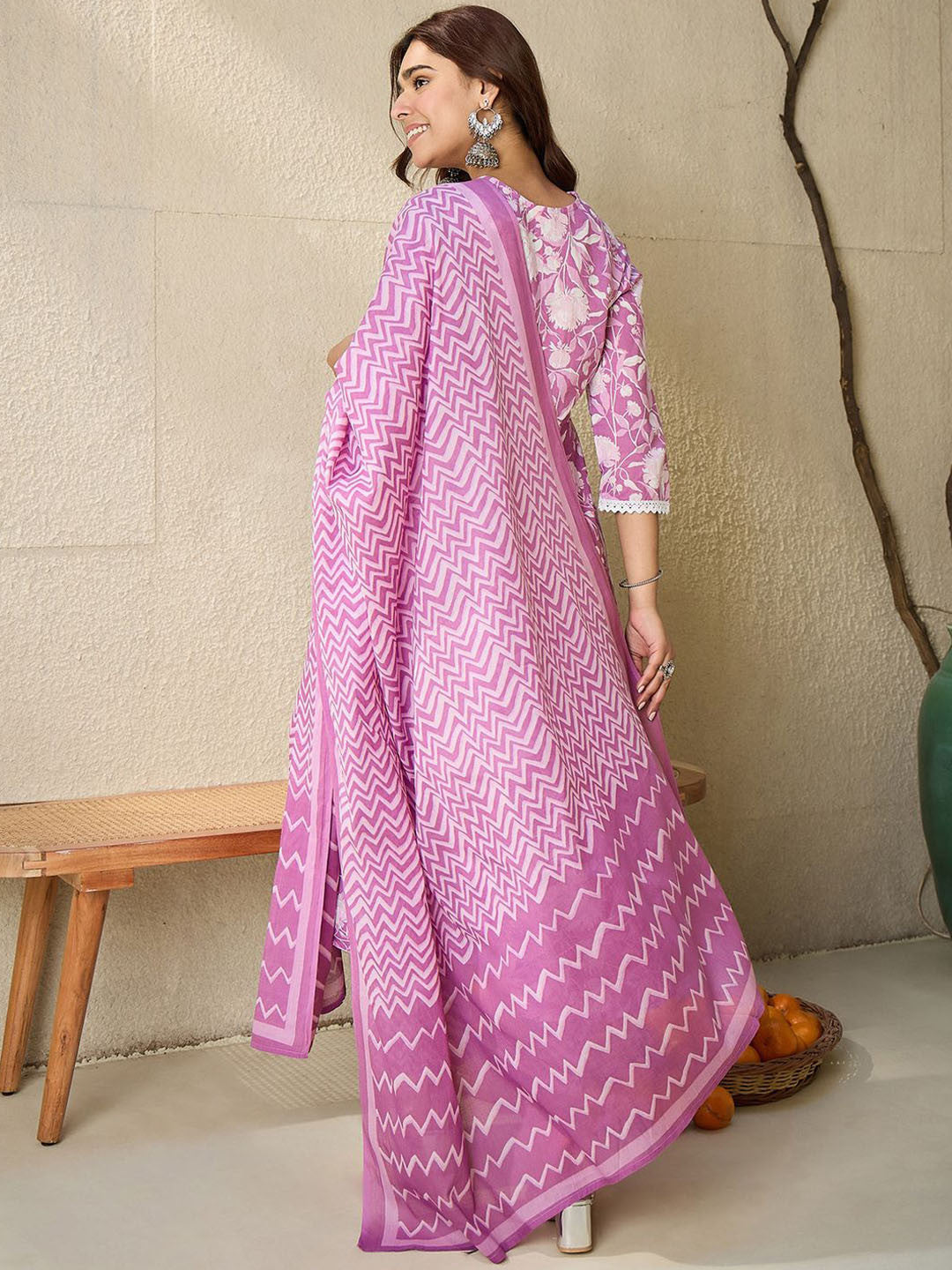 Floral Printed V Neck Pure Cotton Panelled A-Line Kurta with Trousers & Dupatta