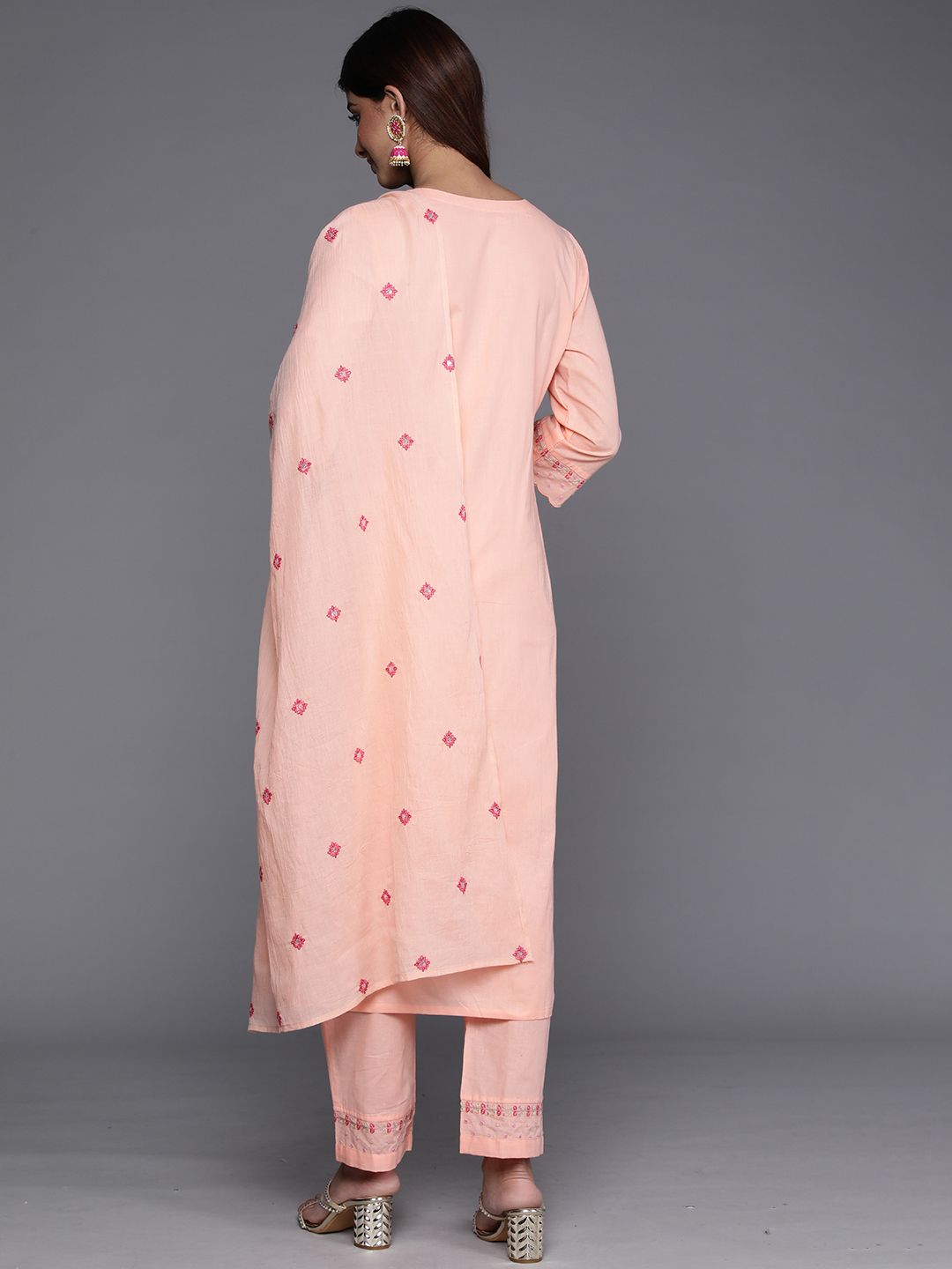 Dhiyona VA Women'sFloral Embroidered Empire Mirror Work Pure Cotton Kurta with Trousers & Dupatta