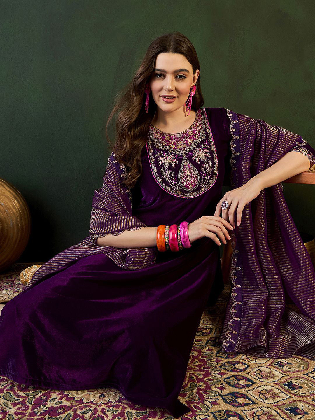 Velvet Embroidered Kurta & Trousers with Dupatta