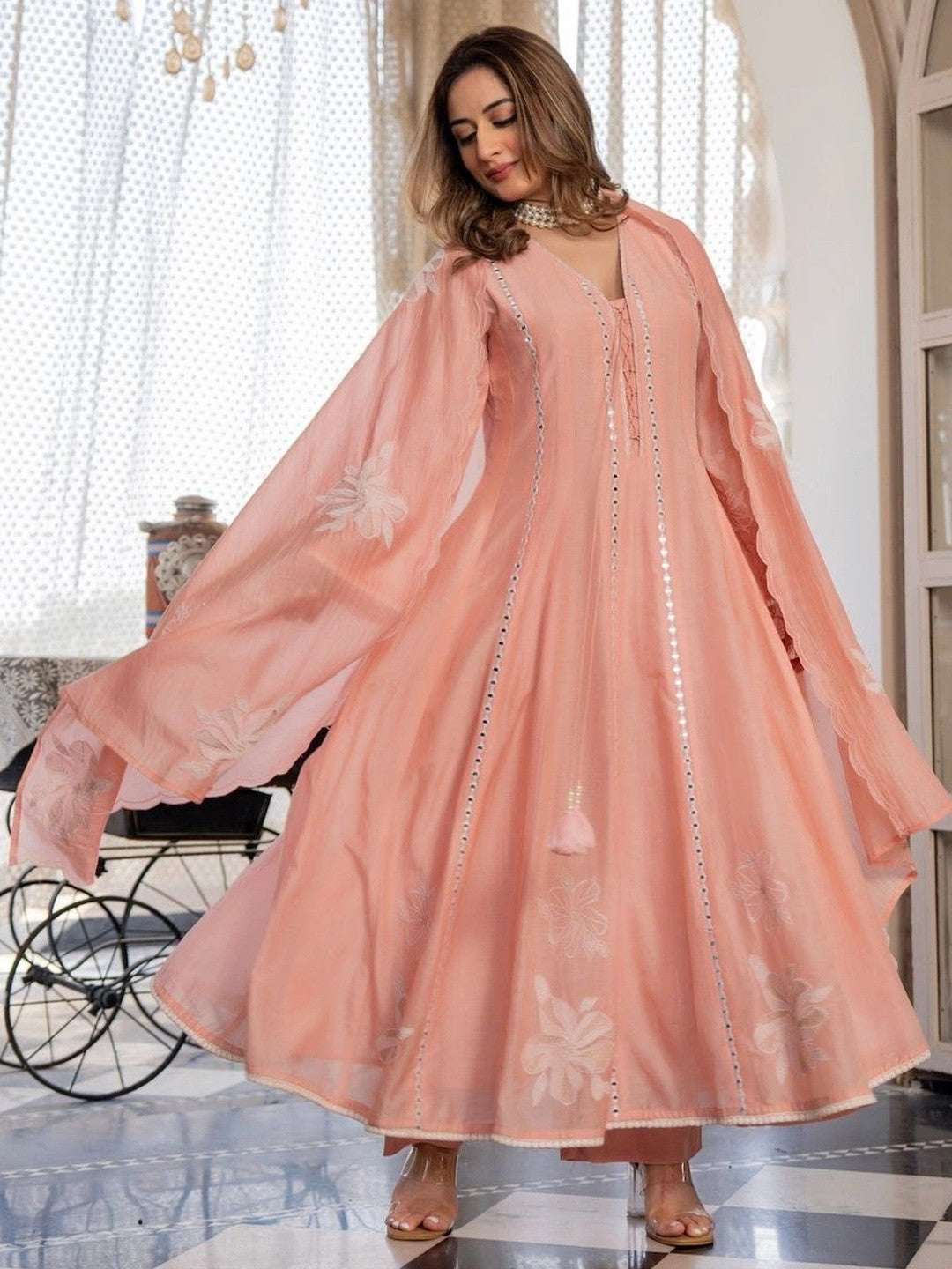 Women Floral Embroidered Regular Mirror Work Chanderi Silk Kurta with Trousers & With Dupatta