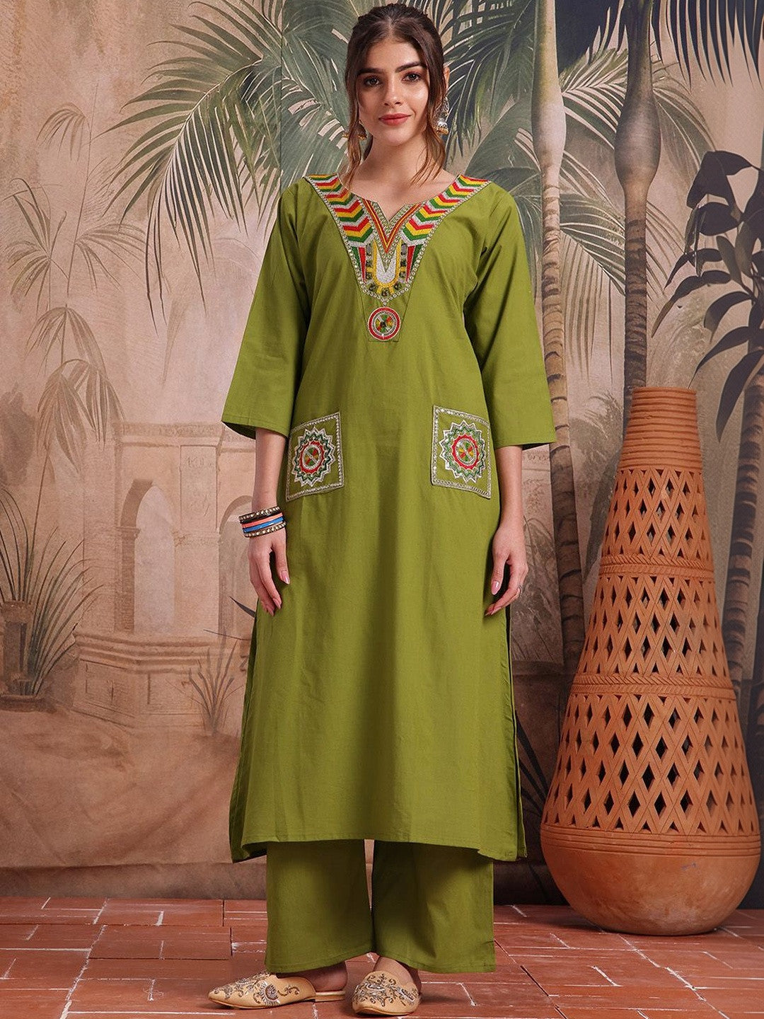 Embroidered Cotton Round Neck Kurta & Trousers