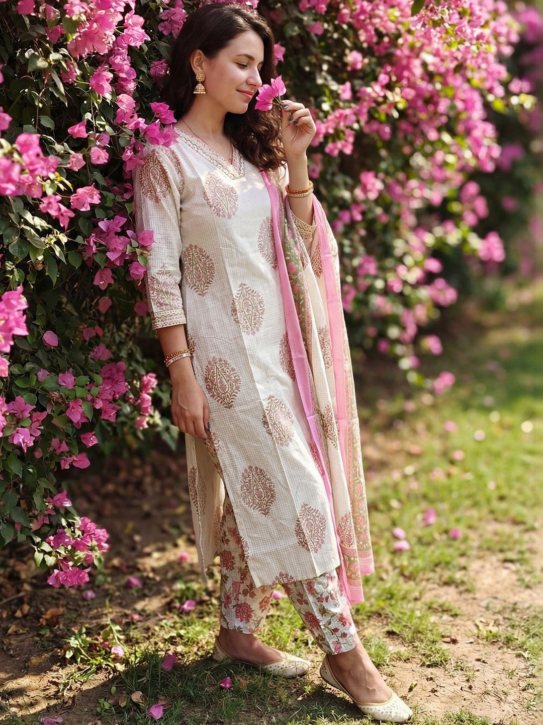 Women Floral Printed Regular Beads and Stones Pure Cotton Kurta with Salwar & With Dupatta