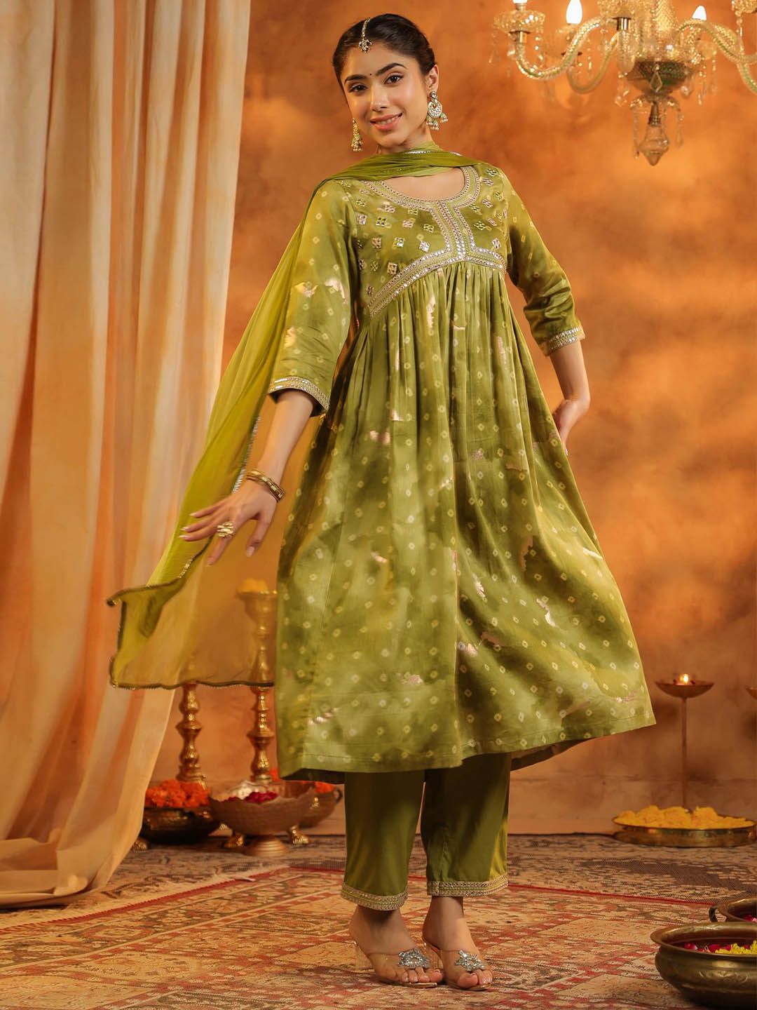 Dhiyona RR Women's Bandhani Printed Pure Cotton Anarkali Kurta with Trousers & Dupatta