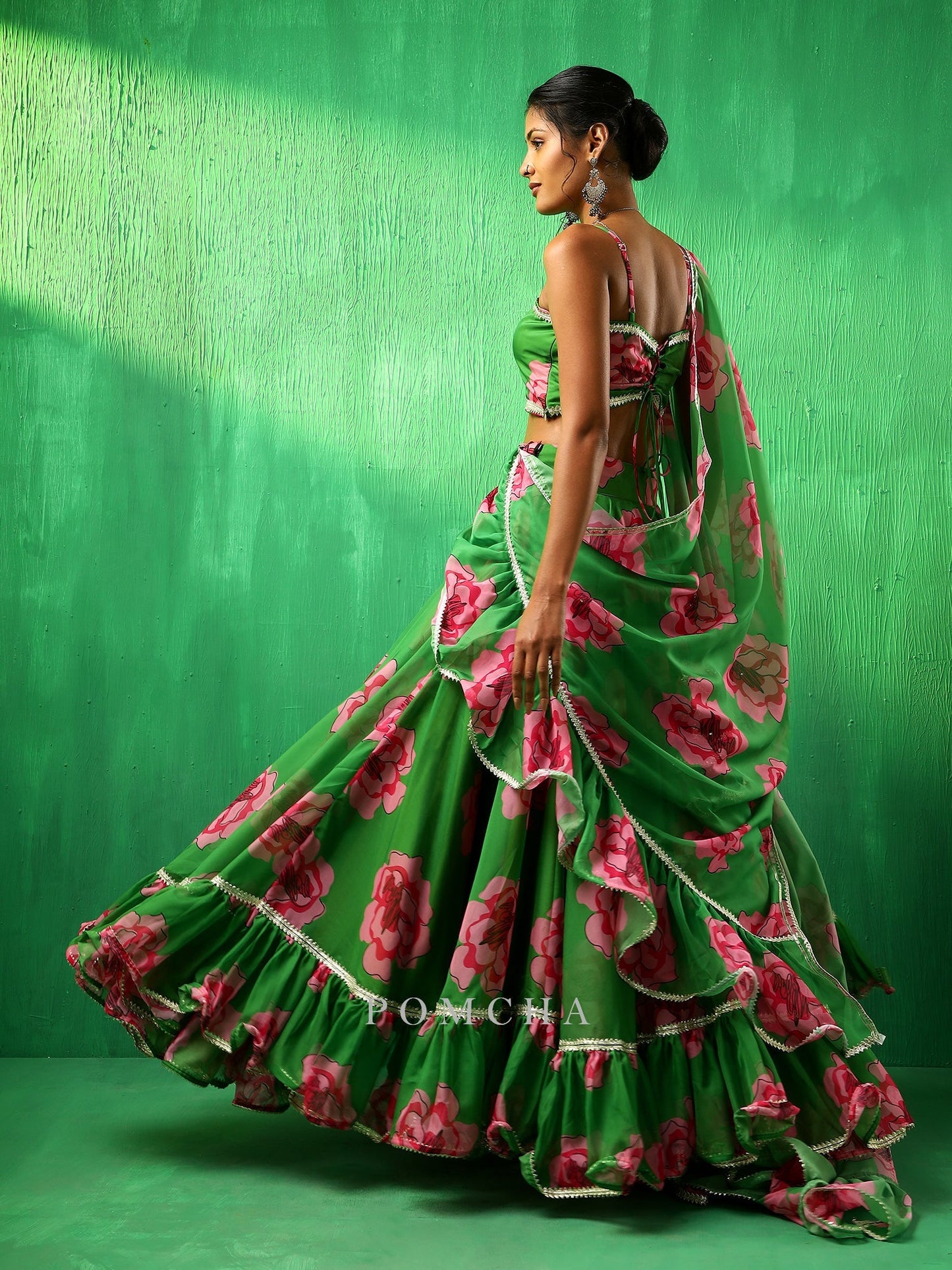 Adaa Green Carnation Organza Frill Lehenga With Organza Dupatta Set