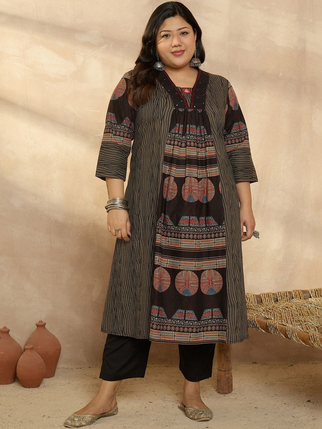 Plus Size Multi Printed A-Line Kurta Trousers Set