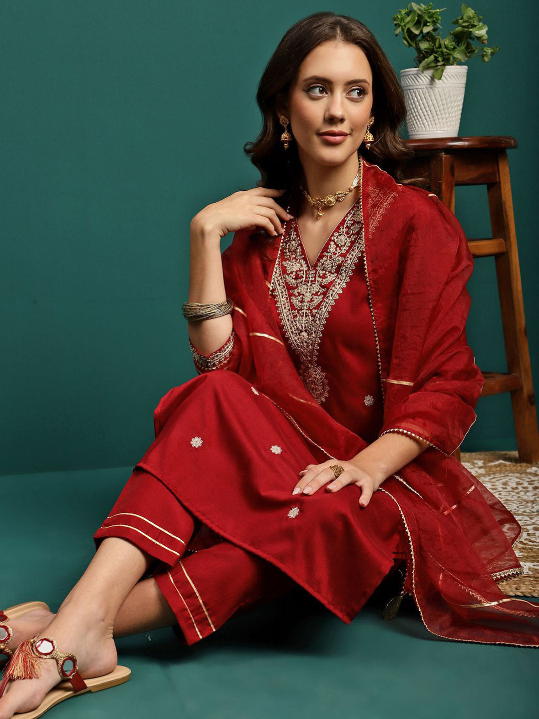 Women Embroidered V-Neck Kurta With Trouser & Dupatta