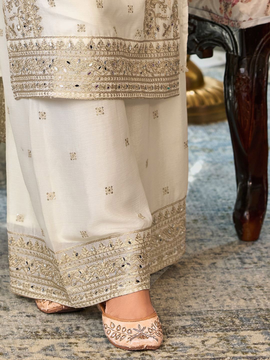Dhiyona IE Floral Embroidered Notch Neck Mirror Work Straight Kurta With Palazzos & Dupatta
