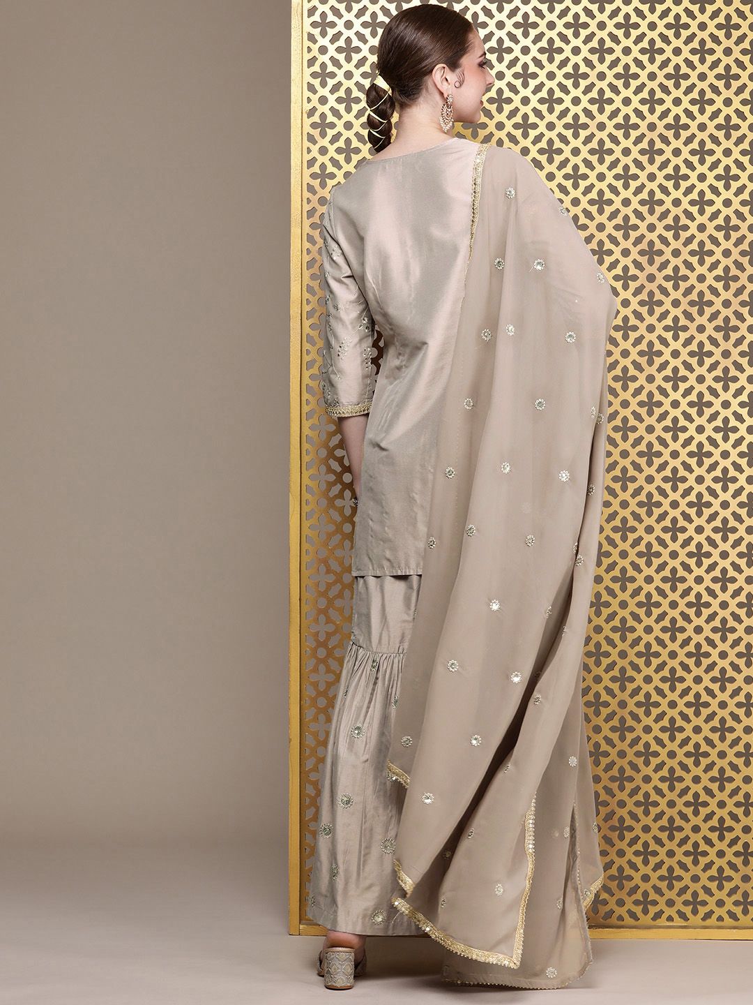 Dhiyona HOP Ethnic Motifs Embroidered Sequinned Jashn Kurta with Sharara & Dupatta