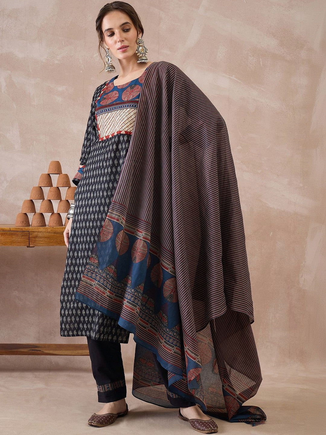 Women Ethnic Motifs Printed Regular Pure Cotton Kurta with Trousers & With Dupatta