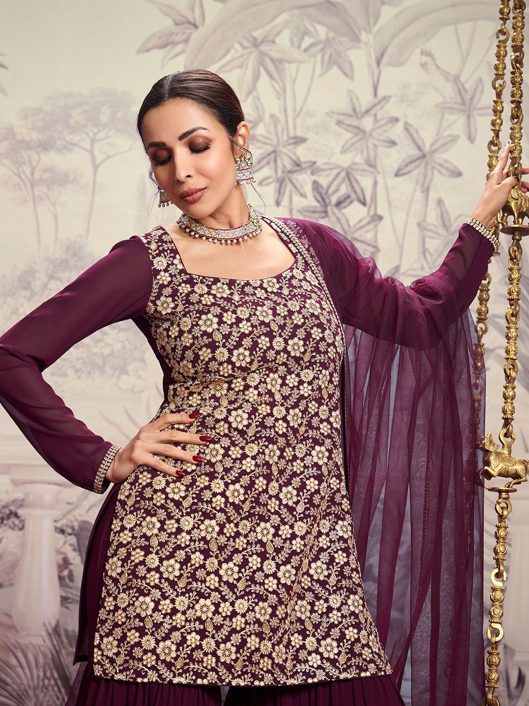 Dhiyona IN Floral Embroidered Square Neck Long Sleeve Sequinned Kurta Set With Dupatta