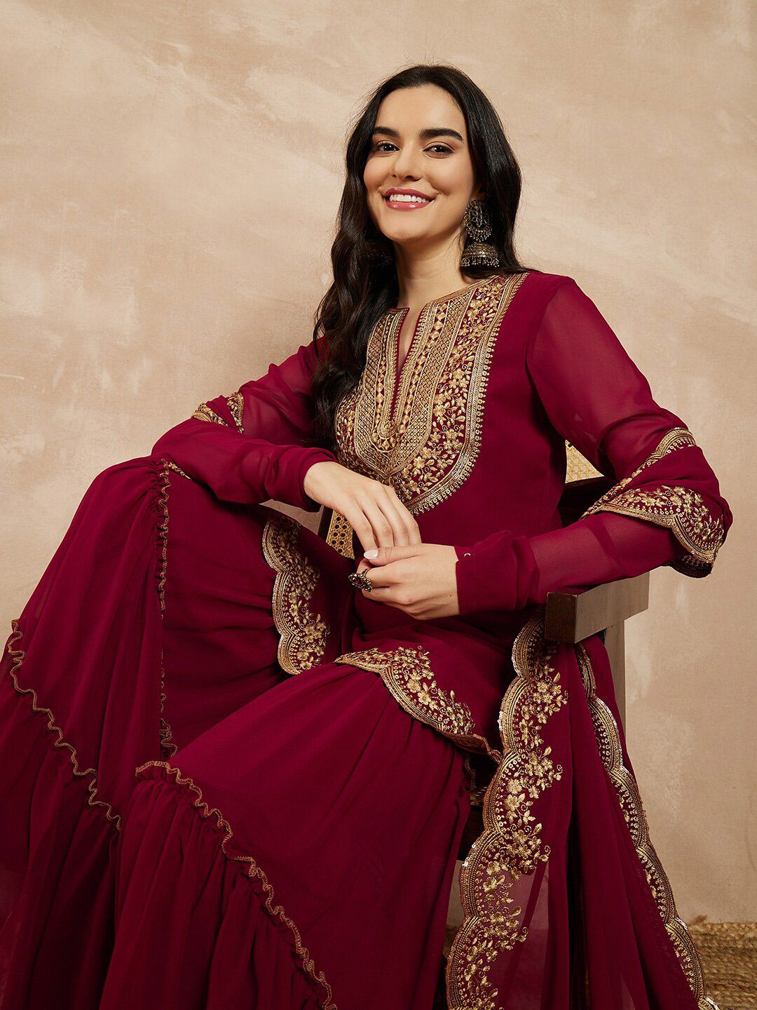 Dhiyona IN Marron & Gold Toned Yoke Design Embroidered Straight Kurta With Sharara & Dupatta