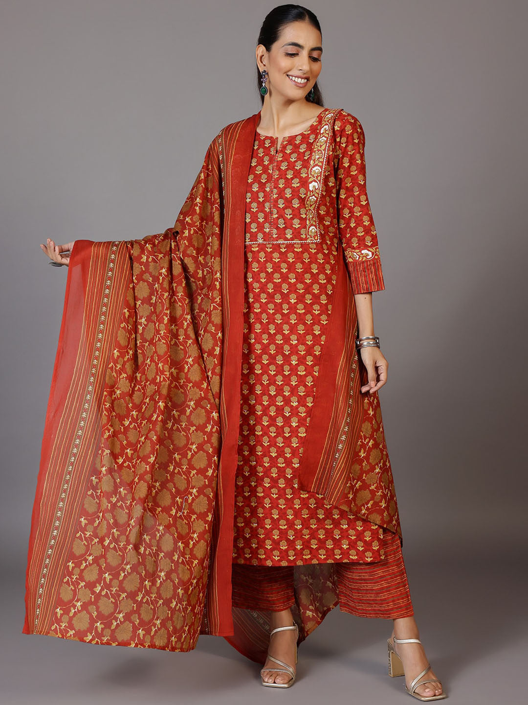 Floral Printed Regular Gotta Patti Pure Cotton Kurta with Palazzos & With Dupatta