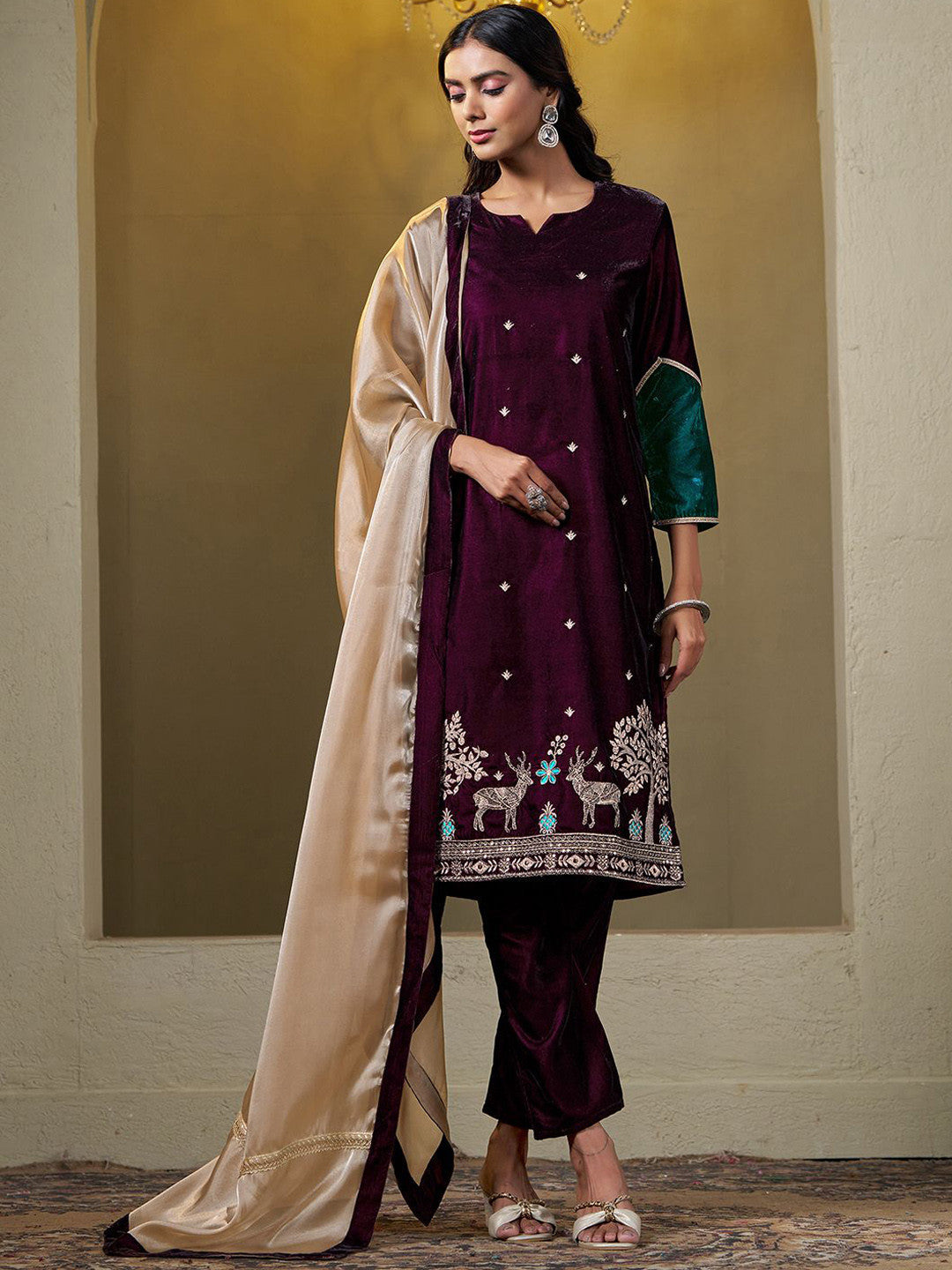 Women Velvet Embroidered Straight Kurta Pant With Dupatta Set