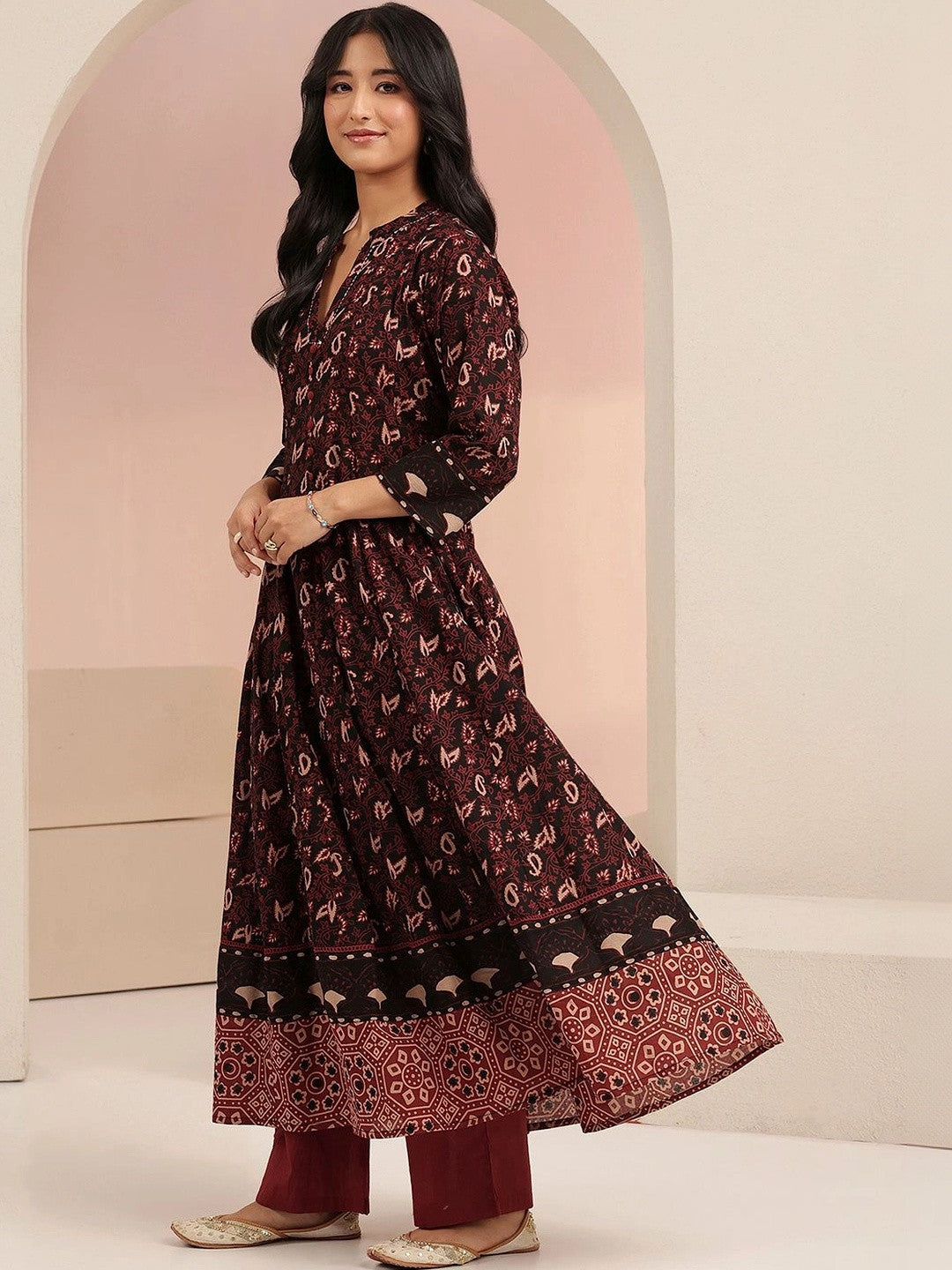 Black Ajrakh Printed Cotton Anarkali Suit Set