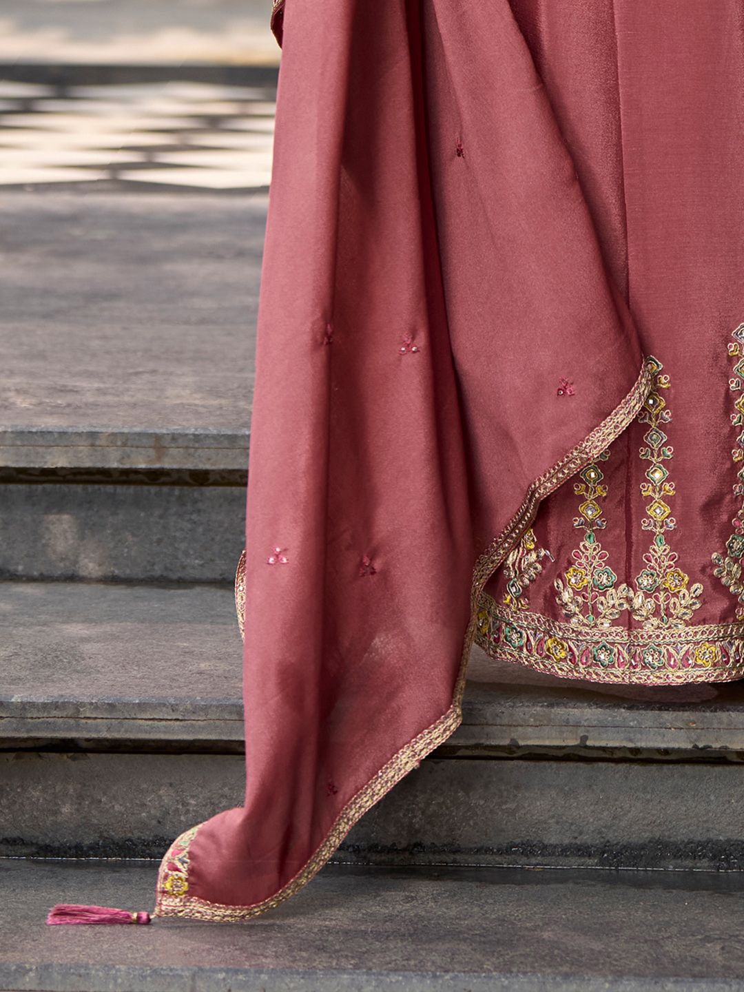 Dhiyona IE Floral Embroidered Sequinned Chinon A-Line Kurta With Palazzos & Dupatta
