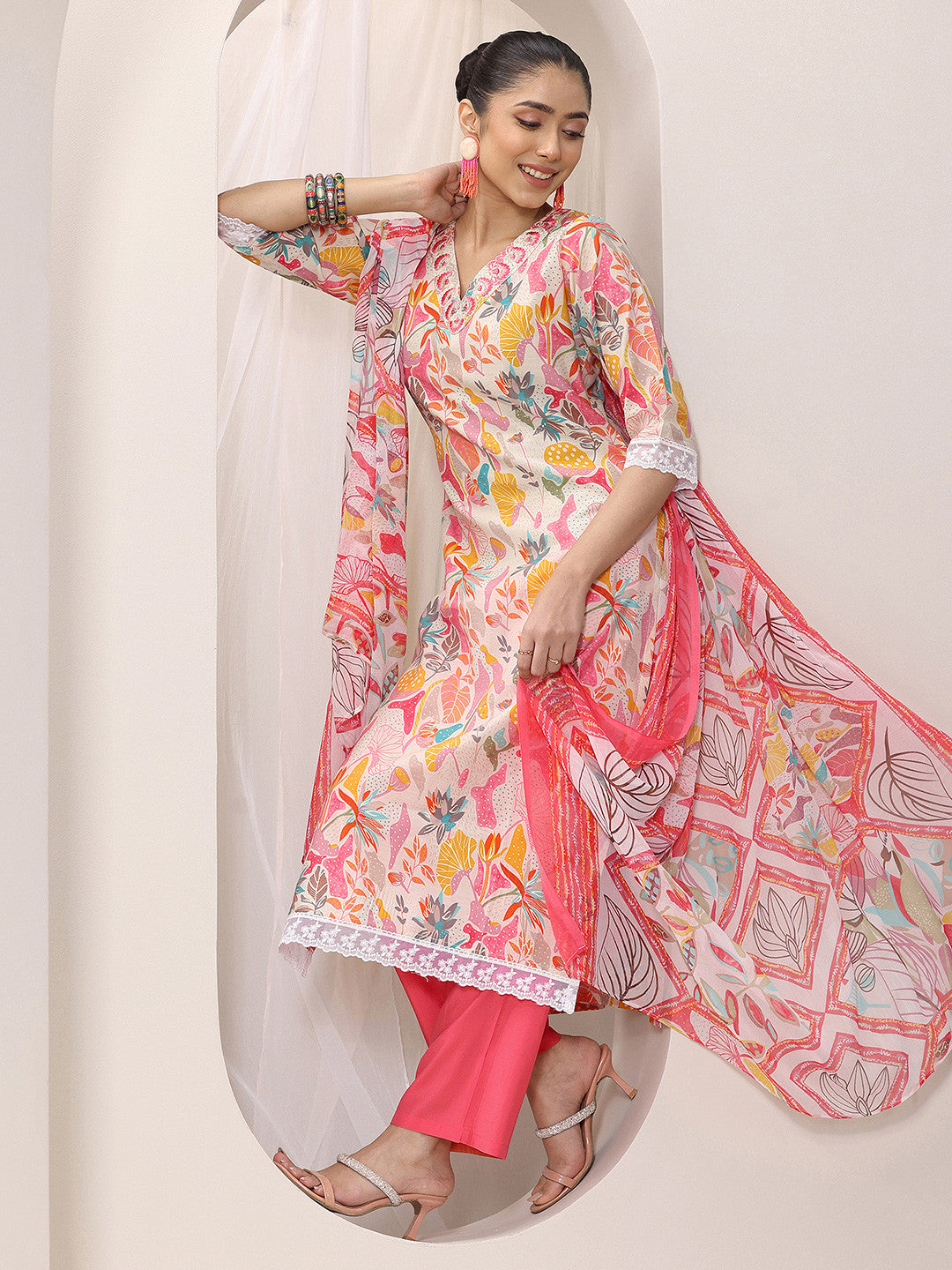 White Floral Printed V-Neck Thread Work Straight Kurta With Trousers & Dupatta