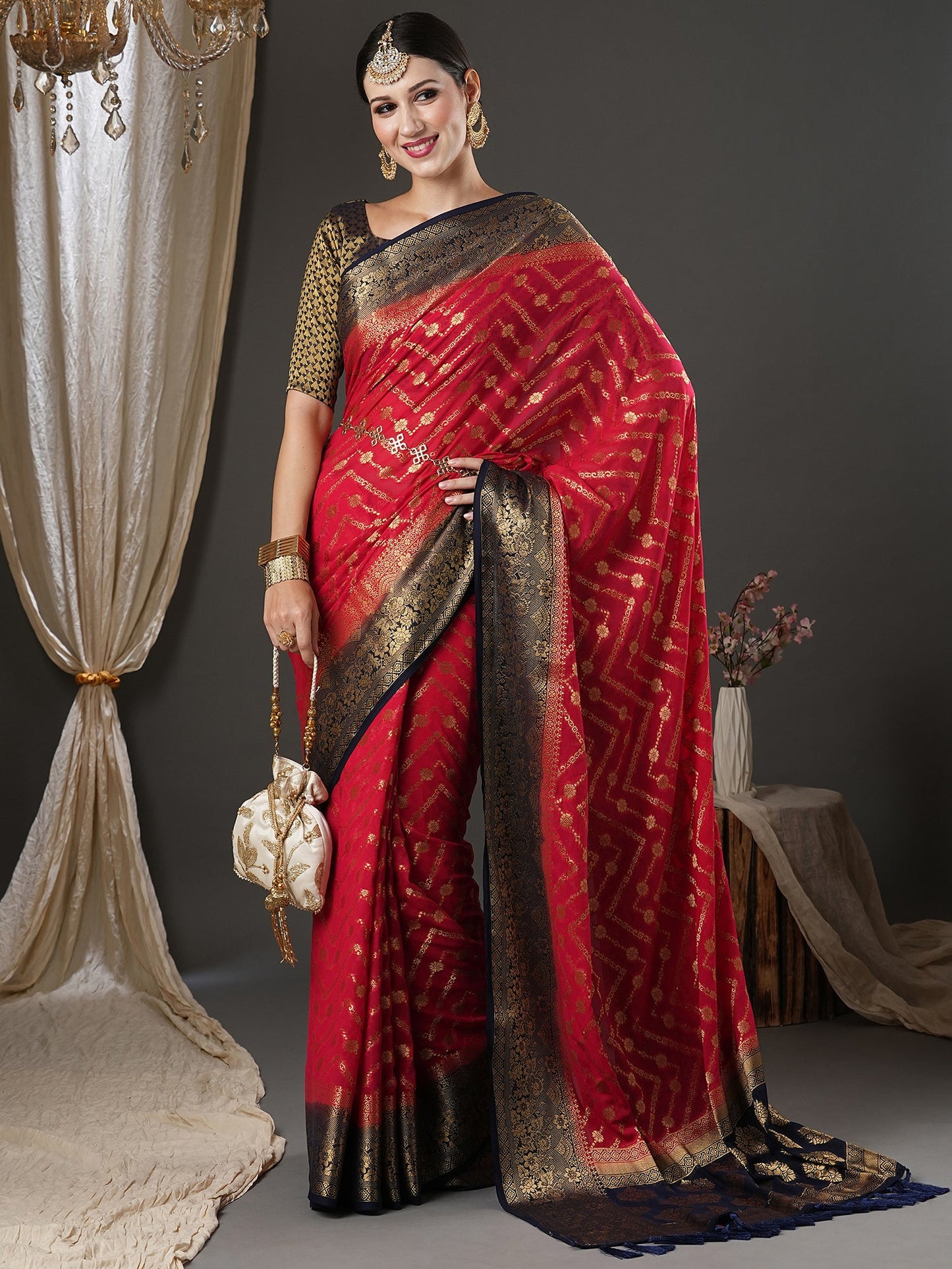 Women's Georgette Pink Woven Design Designer Saree With Blouse Piece