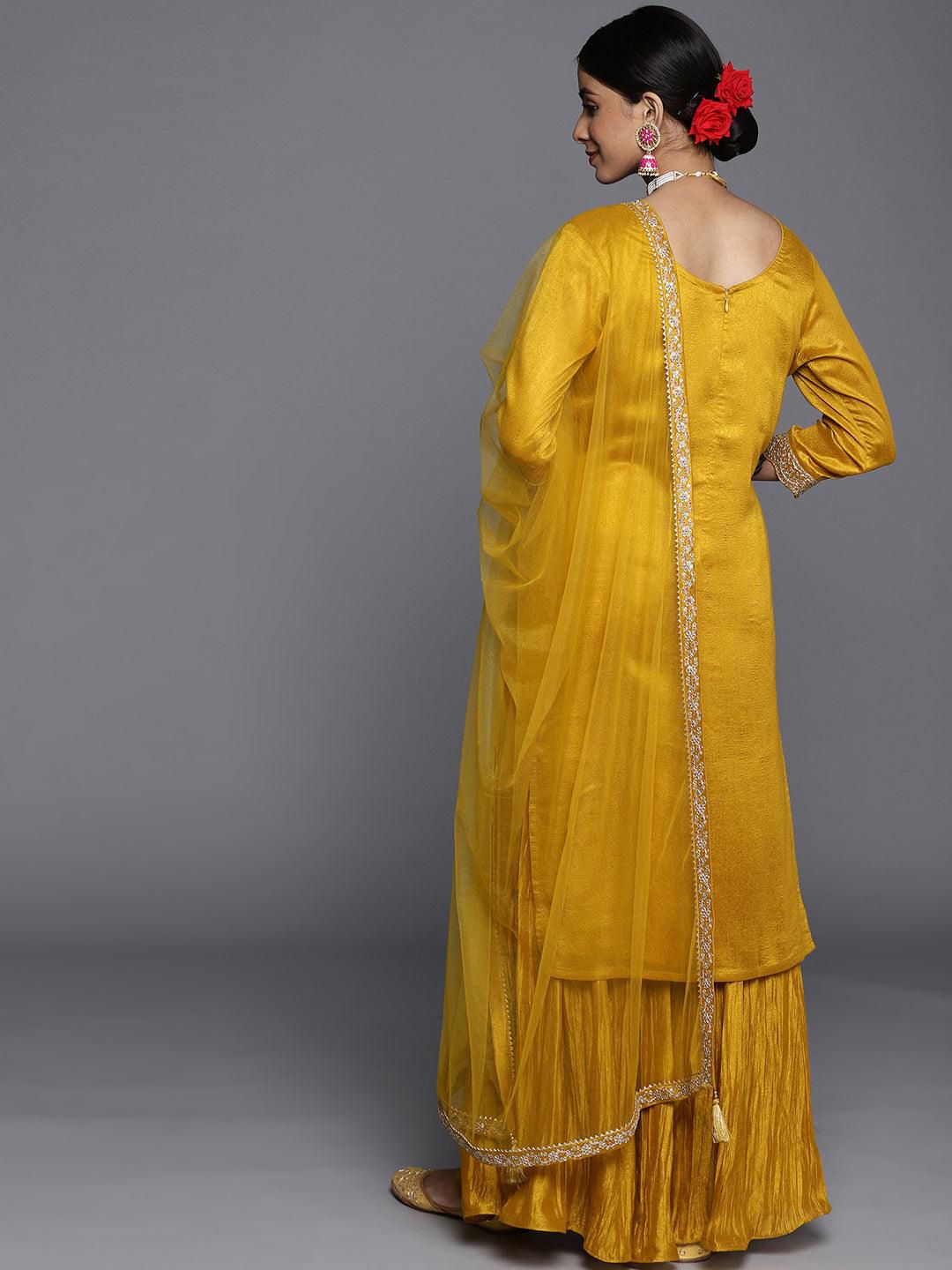 Dhiyona LL Floral Embroidered Sequinned Zari Kurta with Sharara & Dupatta