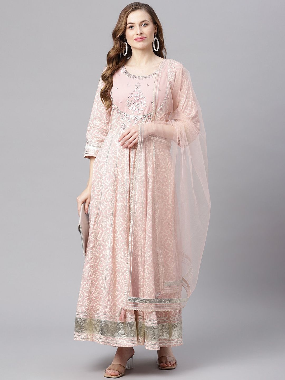 Dhiyona KL Bandhani Printed Thread Work Pure Cotton Anarkali Kurta & Trousers With Dupatta