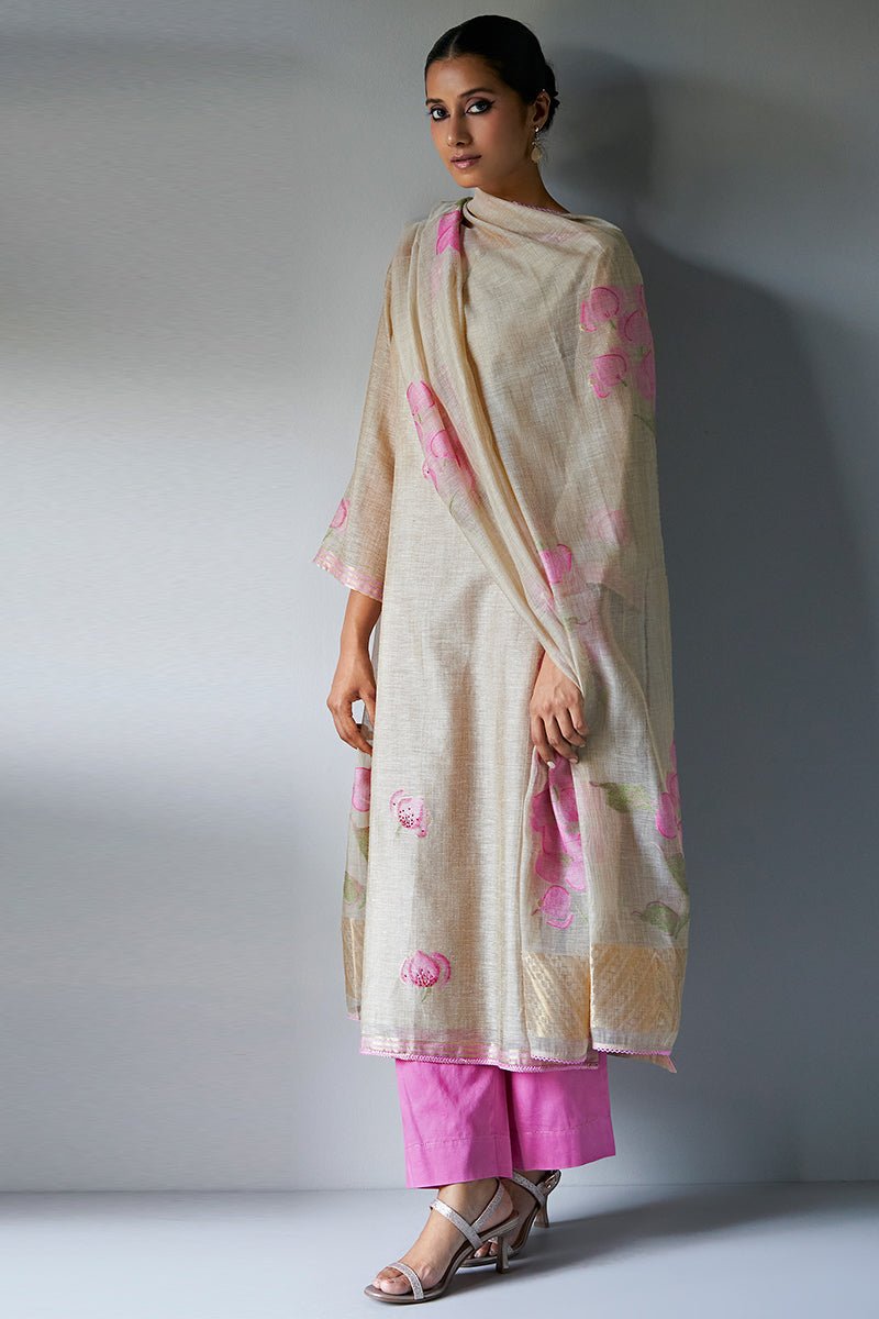 Women's Beige and Pink Woven Kurta Suit Set With Delicate Hand Work Detailing