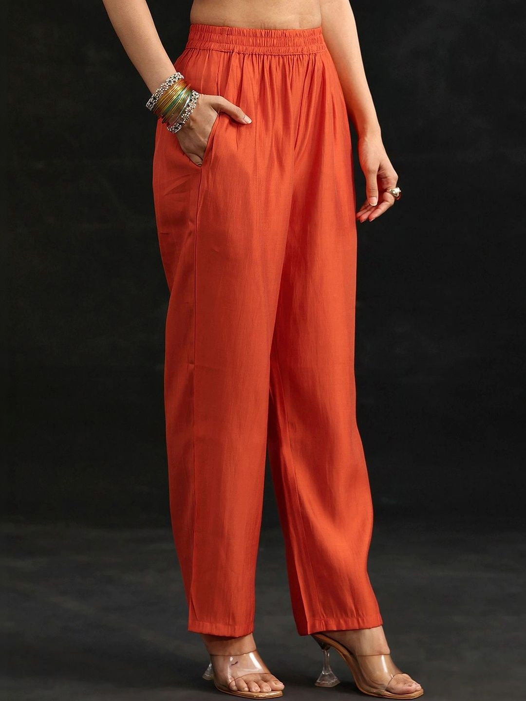 Orange Embroidered Chanderi Cotton A-Line Suit Set