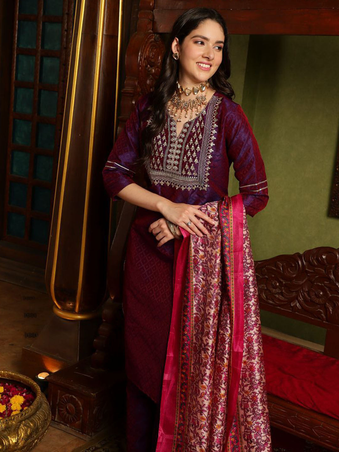 Embroidered Kurta With Self-Design Trouser & Dupatta
