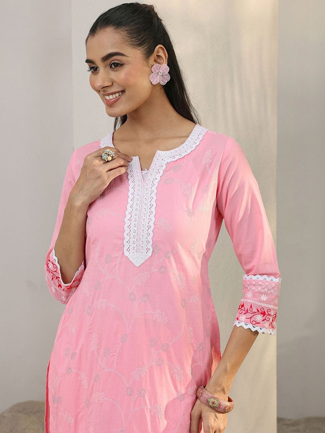 Pink Floral Embroidered Cotton Straight Suit Set With Dupatta
