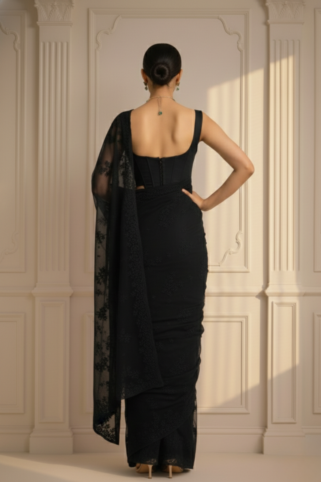 Dhiyona ST Black Stripe Lace Saree with Sequin and Blouse Fabric