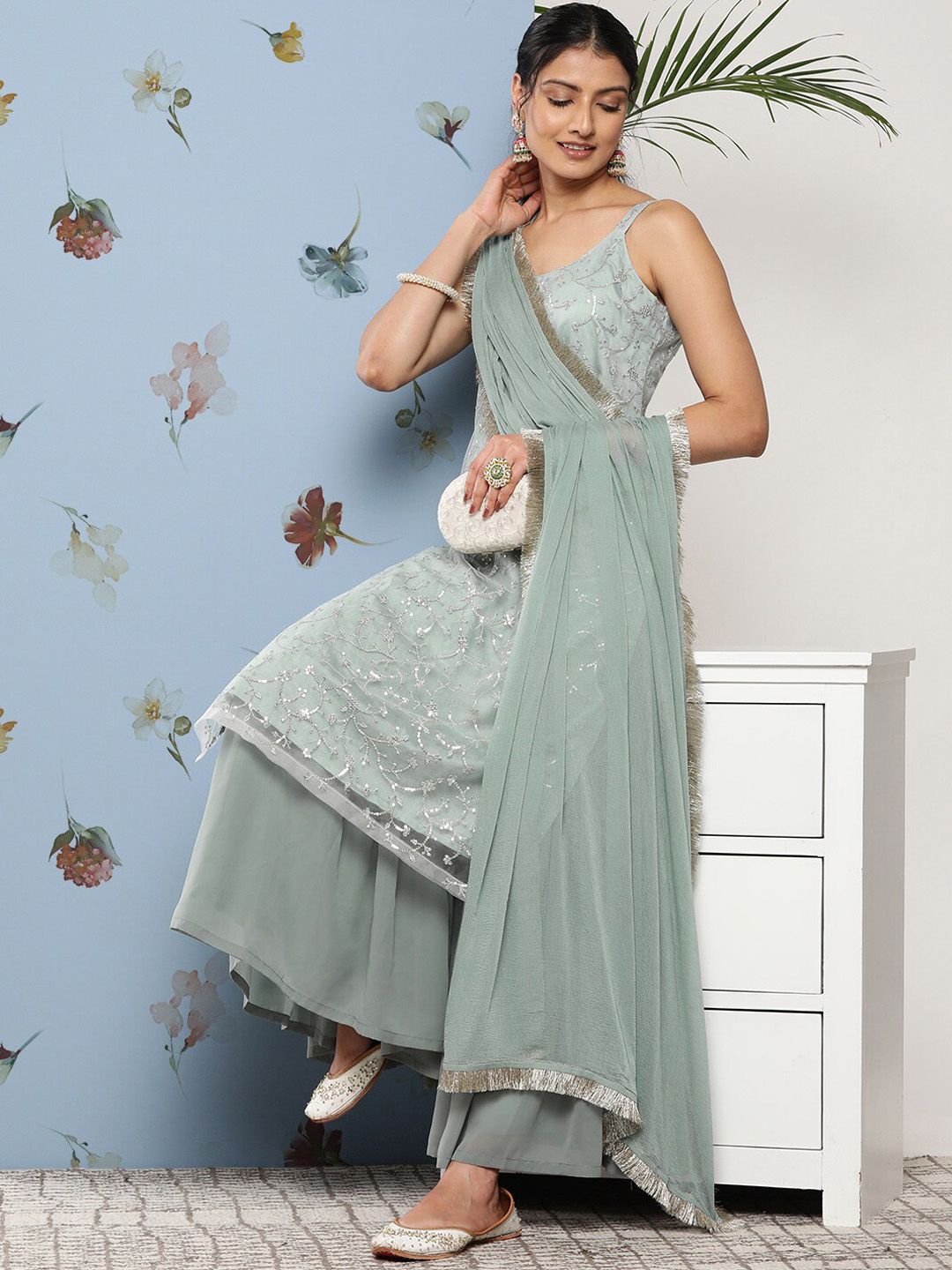Dhiyona KL Floral Embroidered Regular Sequinned Kurta with Sharara & Dupatta