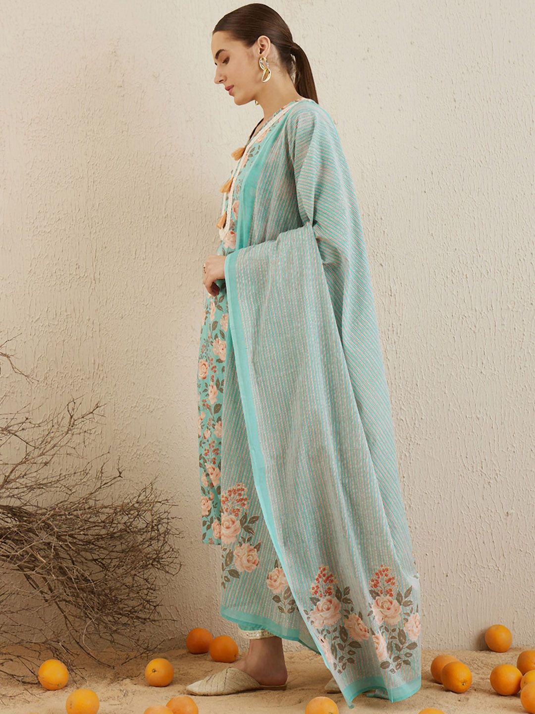 Dhiyona IE V Neck Floral Printed Mirror Work Pure Cotton Kurta with Trouser & Dupatta