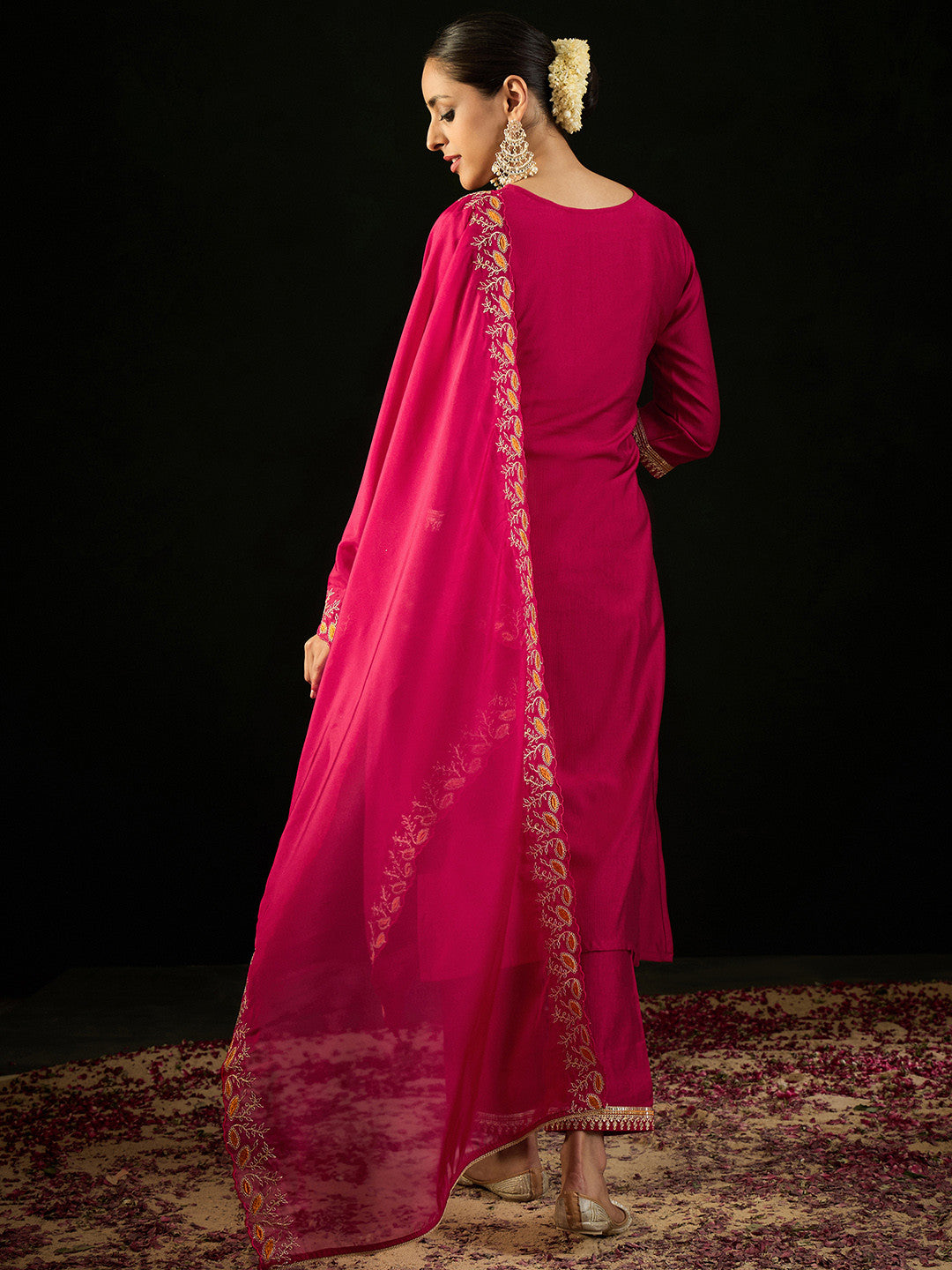 Notched Neck Ethnic Embroidered Sequinned Liva Kurta with Trouser & Dupatta