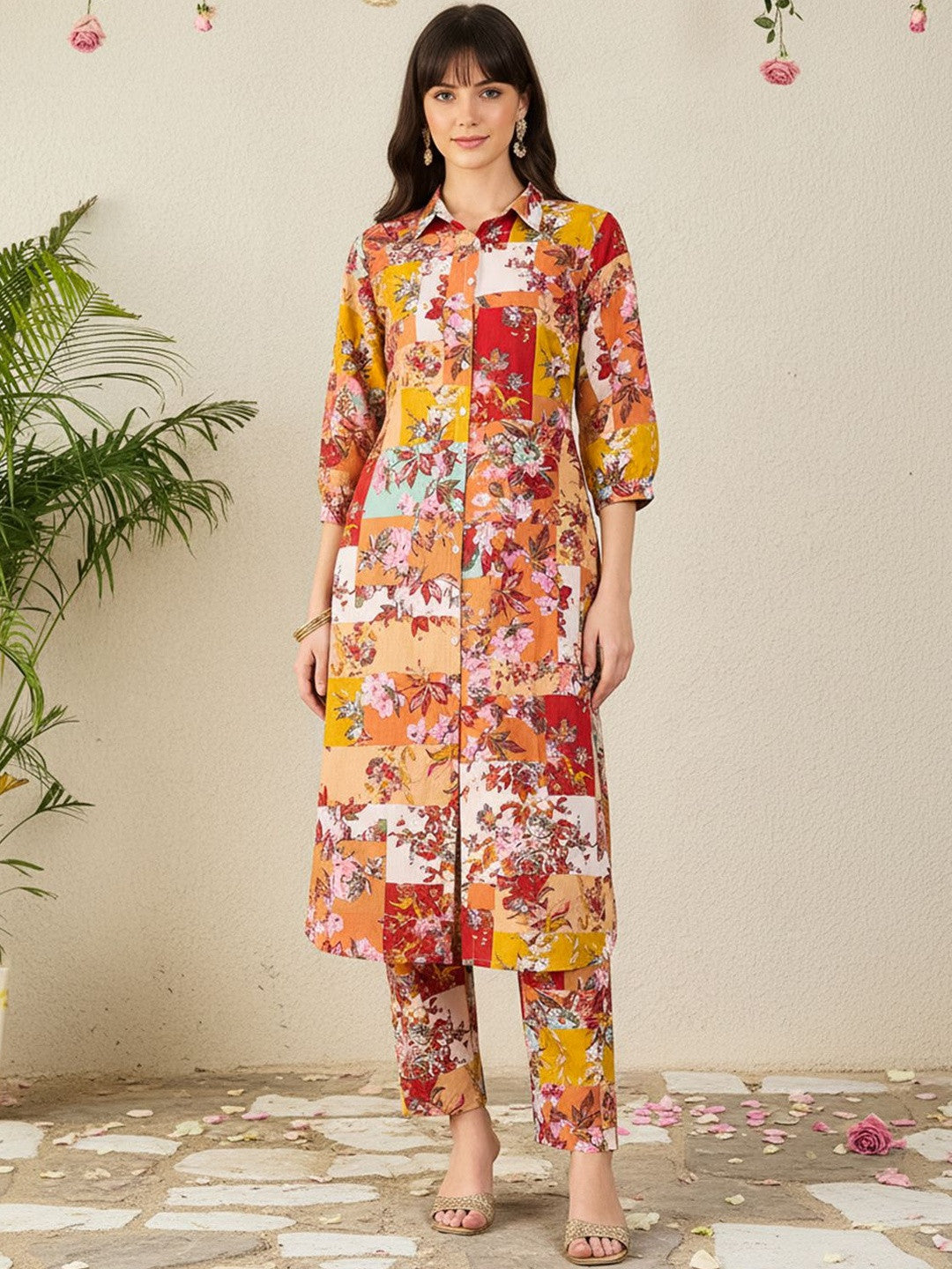 Floral Printed Pure Cotton Multi Kurta With Trousers