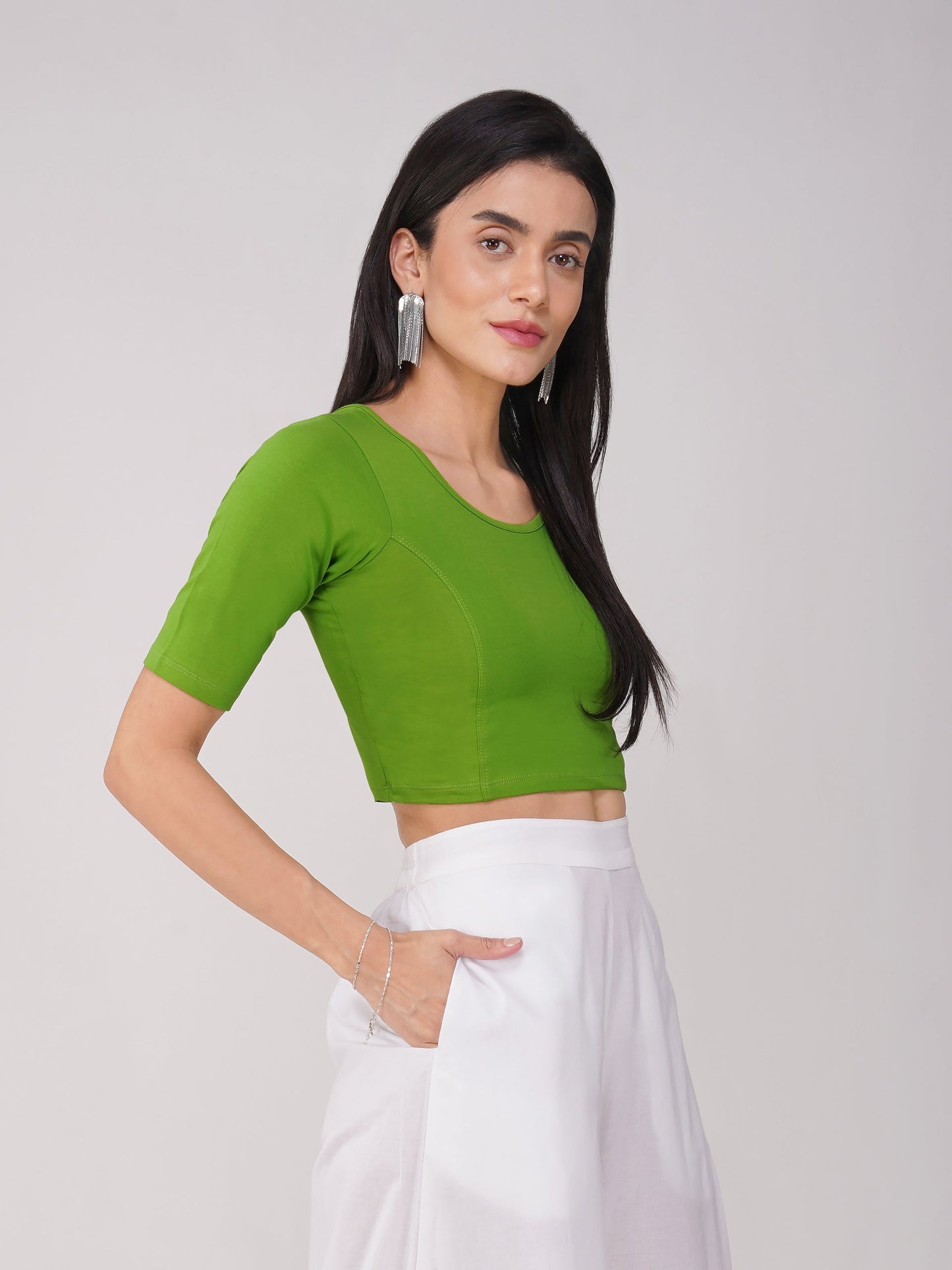 Dhiyona ST Women's ComfortEase 4-Way Stretch Mehndi Green Short Sleeve Blouse
