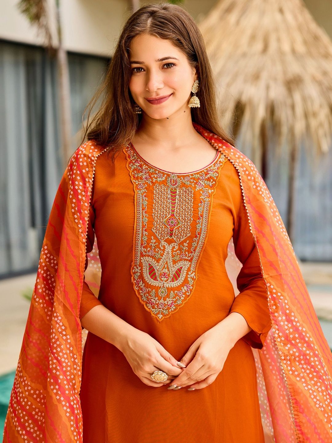 Dhiyona KL Women Orange Ethnic Motifs Embroidered Viscose Rayon Kurta With Trouser & Dupatta