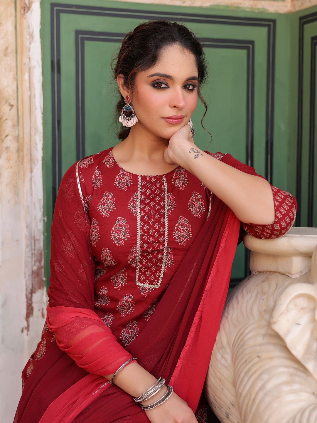 Dhiyona RR Women's Ethnic Motifs Printed Regular Pure Cotton Kurta with Trousers & With Dupatta